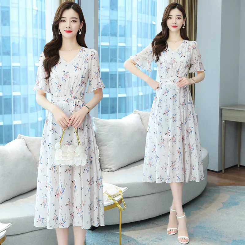 

2022 Chiffon Floral Women's New Summer Long Style with Slim Waist Long Dress Sexy Dress