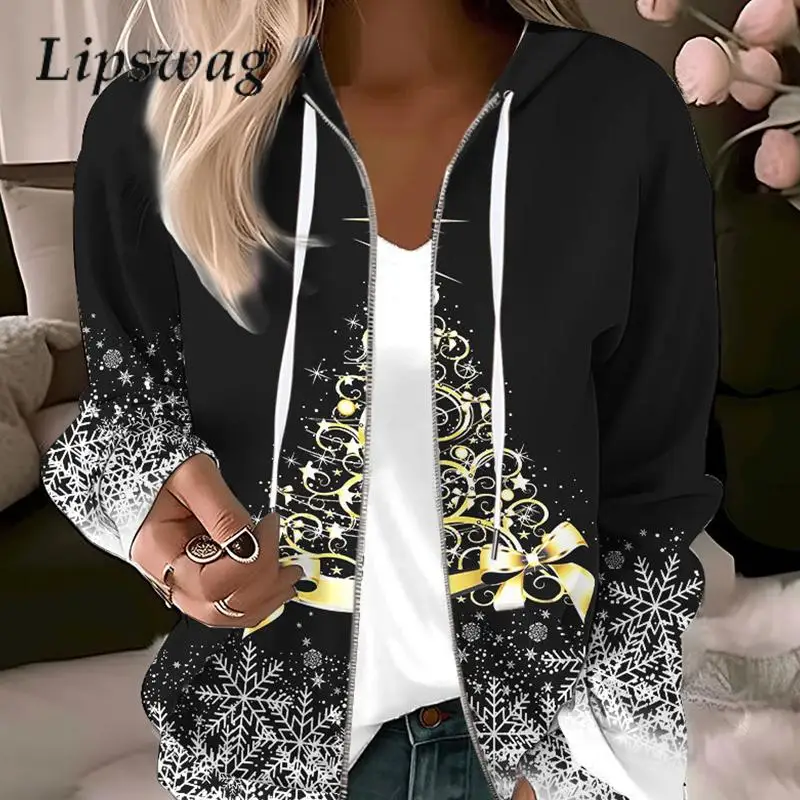 

2023 модный Рождественский кардиган с капюшоном на молнии, куртка, повседневный Свободный свитшот с длинным рукавом и принтом, женский элегантный флип