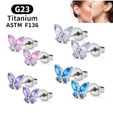 2PCS ASTM F136 G23 Titanium Piercing Butterfly Ear Studs 20G Zircon Tragus Cartilage Pierc Studs Earrings Woman Body Jewelry