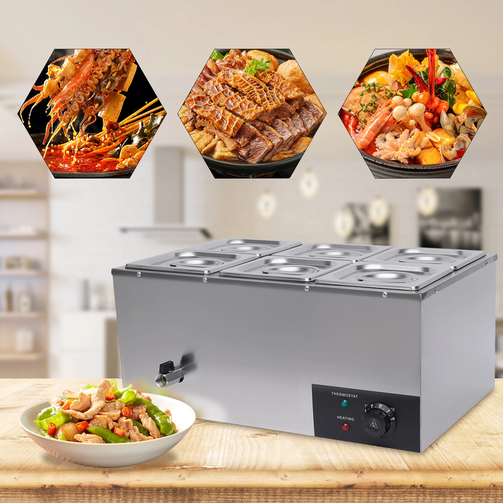 

6-Pans Bain Marie 6*3L Commercial Food Warmer Countertop Table Steamer 600W 110V