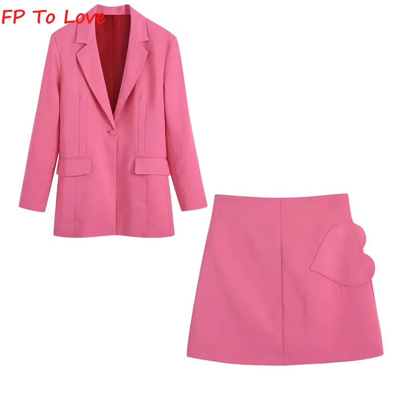 

FP To Love 2022 Spring Silk Satin Texture Long Mid-Length Pink Suit Jacket Heart-Shaped Short Skirt Women's Suit