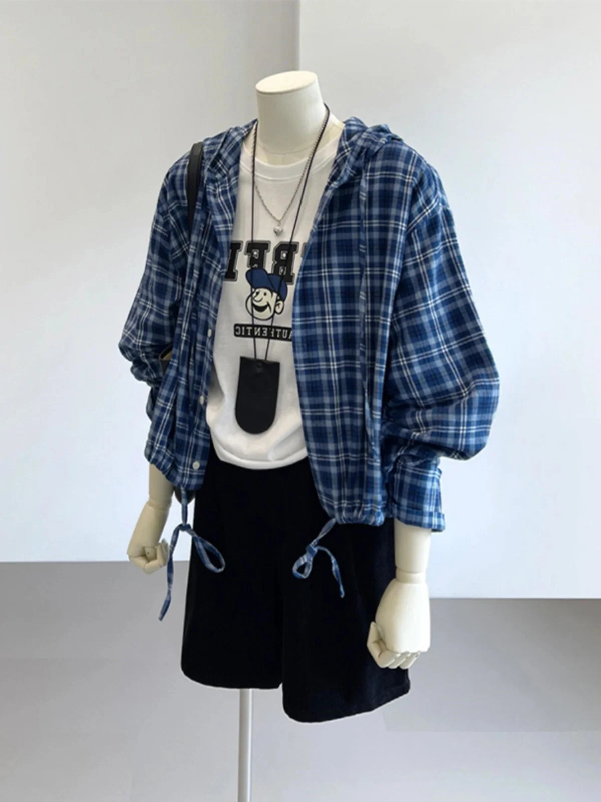 KK · Studio Selected Recommend ~ Blue Plaid Shirts Hoodie Women Early Autumn Drawstring Waist Hugging Top