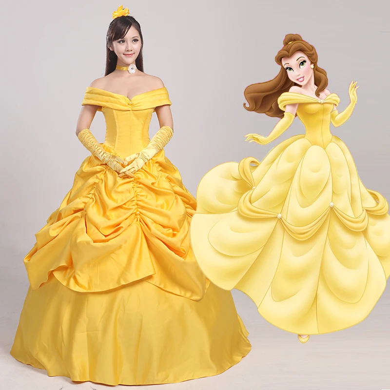 Customized Beauty and Beast Belle Dress Adult Princess Belle Cosplay Costume Fancy Princess Dress OR Wigs Costume Long Dresses