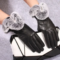 2022 winter rabbit fur genuine leather gloves women feminino real sheepskin finger black motorcycl mittens guantes mujer
