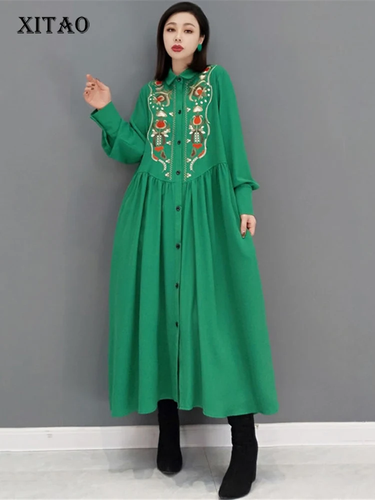 

XITAO Embroidery Dresses Casual Vintage Turn-down Collar Long Temperament Folds Loose Fashion New Arrival Women WMD4444