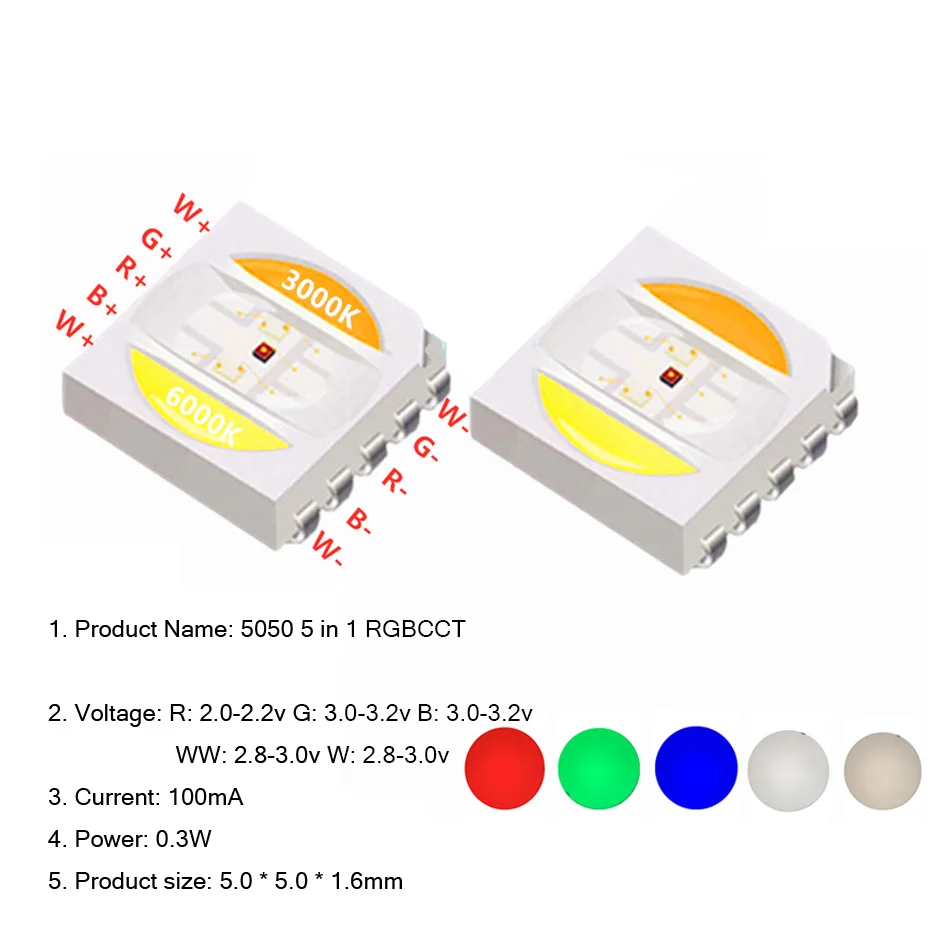 

Светодиодный чип 5050 RGB + CCT 5050 RGBW WW светильник почки 5050 SMD, белый + теплый белый + RGB 5 в 1, чип, светоизлучающие диоды
