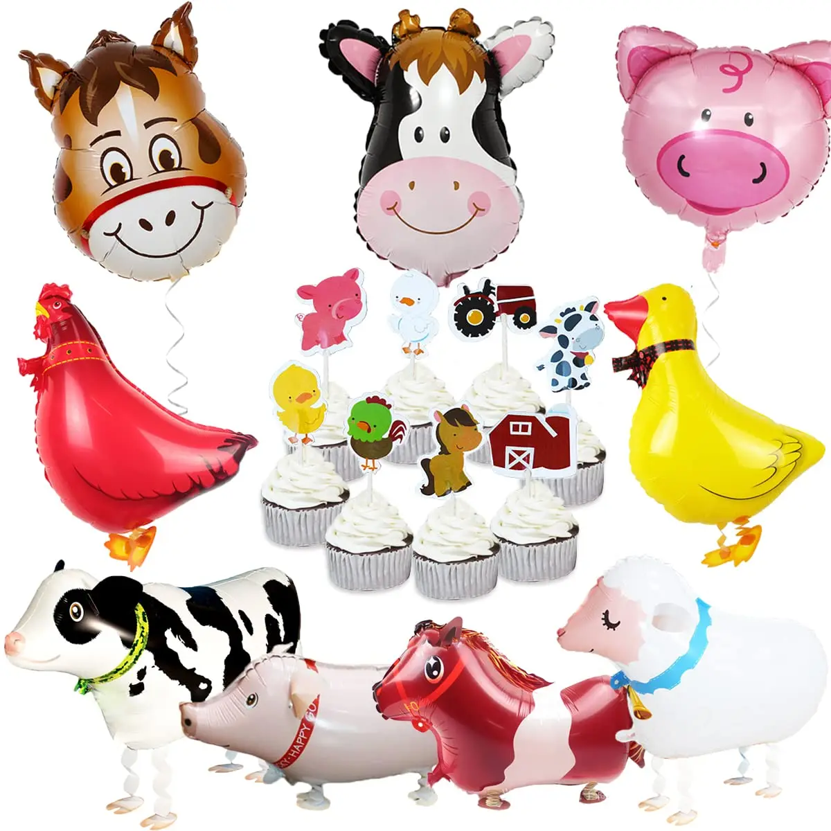 

Farm Animal Party Balloons for Birthday Baby Shower Barnyard Party Decorations with Walking Animals Balloons and Cupcake Toppers