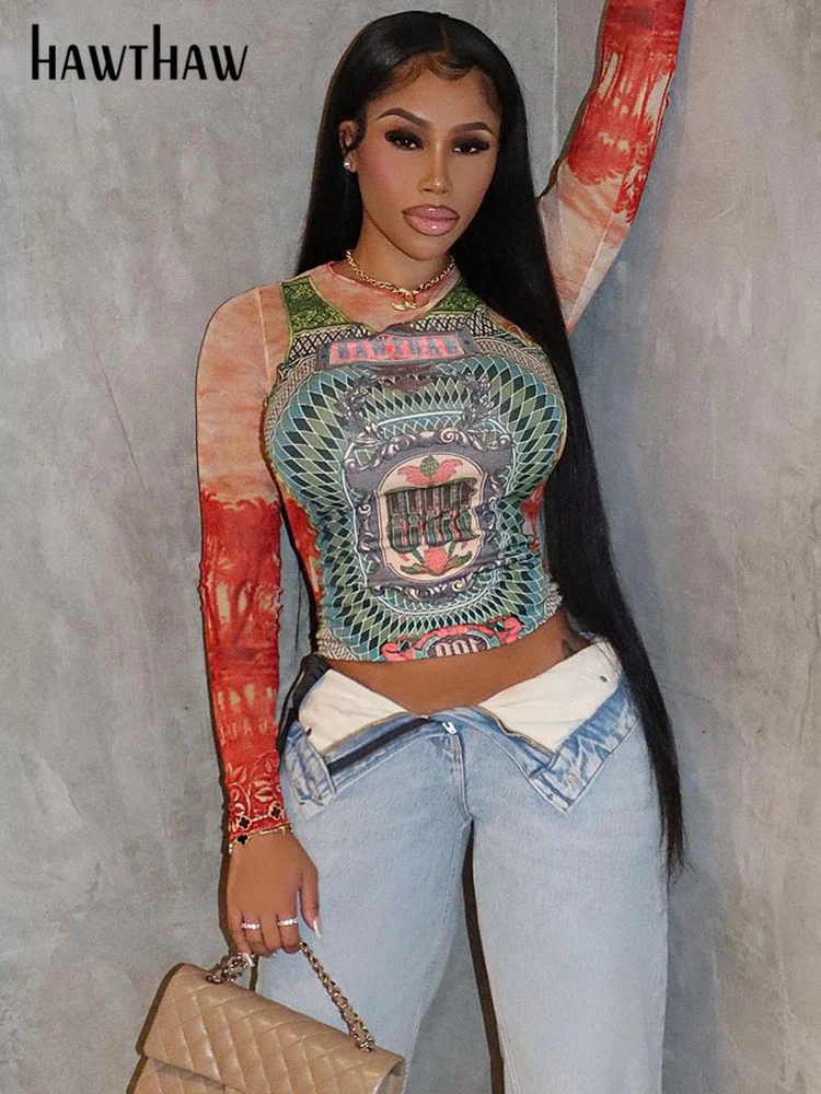Женская Сетчатая футболка Hawthaw с длинным рукавом и графическим принтом, Просвечивающая уличная одежда, топы, футболка, осенняя одежда 2022, оптовая продажа товаров для бизнеса Женская Сетчатая футболка Hawthaw с длинным рукавом и графическим принтом, Просвечивающая уличная одежда, топы, футболка, осенняя одежда 2022, оптовая продажа товаров для бизнеса