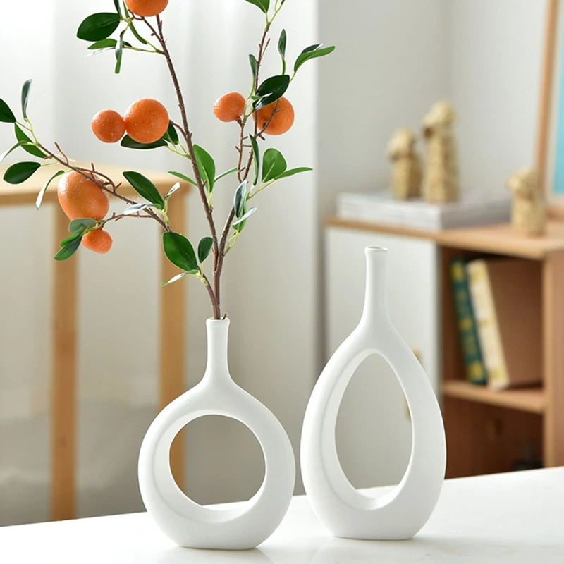 Nordic Modern Ceramic Vase Circular Hollow Flower Pot Hydroponics Planter for Home Bedroom Living Room Office Kitchen