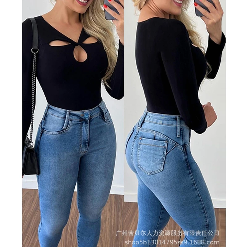 

Осенне-зимняя футболка, топ, женский сексуальный однотонный тонкий пуловер с вырезами, Женская Повседневная футболка с длинным рукавом и V-о...