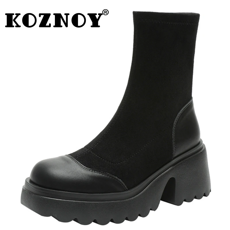 

Koznoy 7cm Sock Spandex Slip on Platform Wedges Mid Calf Booties Fashion Woman Spring Autumn Stretch Fabric Mid Cald Boots Shoes