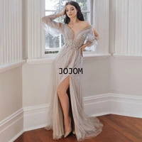 brown split luxury boho v neck off the shoulder a line beaded evening dresses gowns 2022 for women party apto mujer invitada
