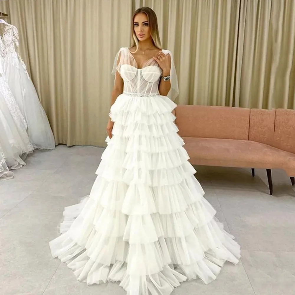 

ТРАПЕЦИЕВИДНОЕ Многоярусное Тюлевое платье для выпускного вечера с вырезом лодочкой длинное вечернее платье с косточками с бисером на тал...