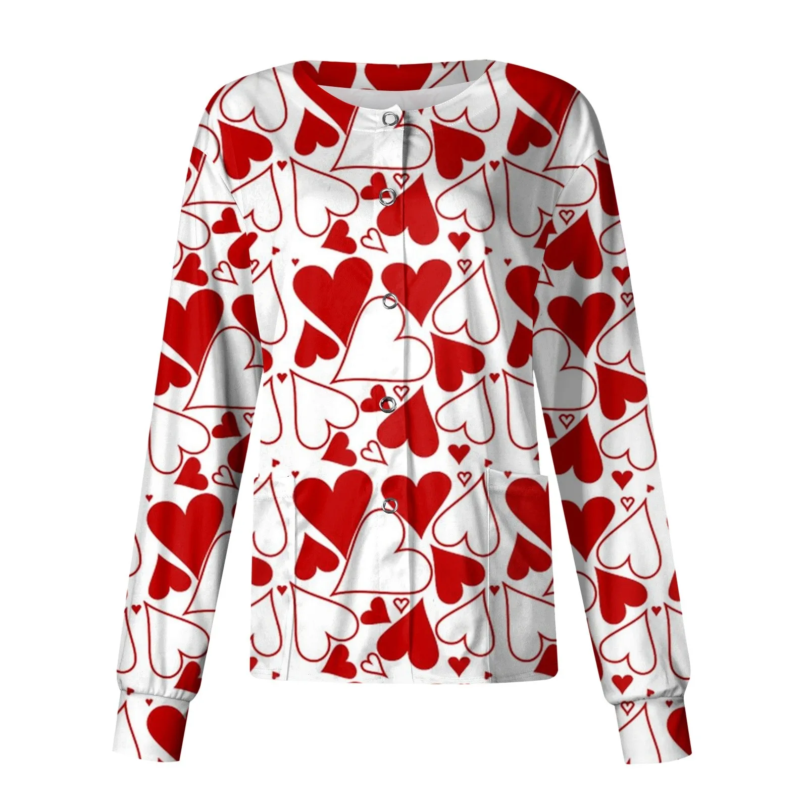 

Women Nurse Working Uniform Valentine'S Day Printed Long Sleeve Pocket Tops Fashion Single-Breasted Protective Cardigan Tops
