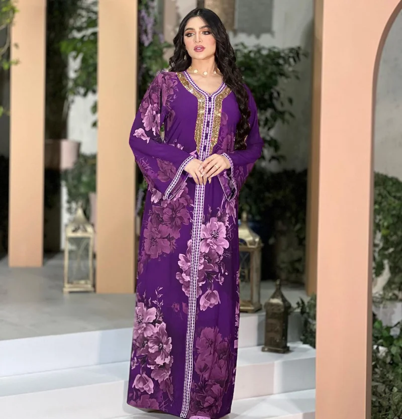 Muslim Elegant Summer Women Long Sleeve V-neck Polyester Green Purple Blue Long Abaya Maxi Dress Muslim Fashion Dresses