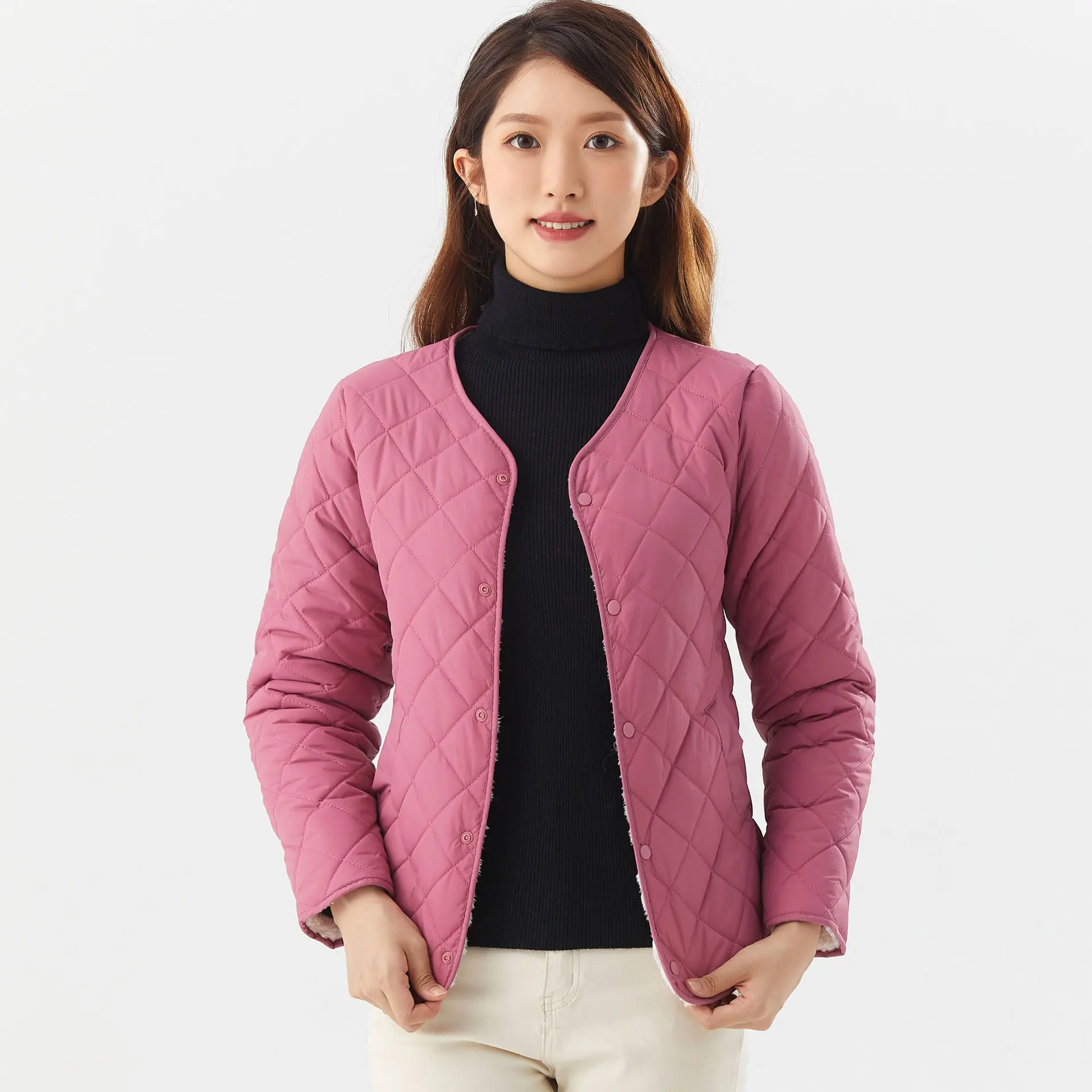 Winter Hot Coat For Woman Inner Plush Thickened Loose Padded Jacket V-neck Solid Color Lightweight Slim Fit Warm Puffer Jacket