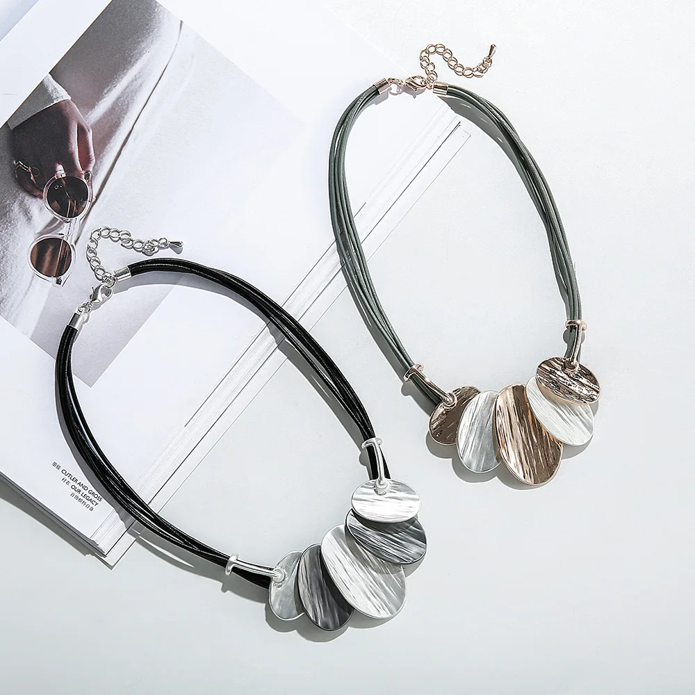 

ZG Vintage Ladies Necklace Handmade Geometric Oval Pendant Leather Clavicle Chain Summer Accessories Jewelry 2022 New