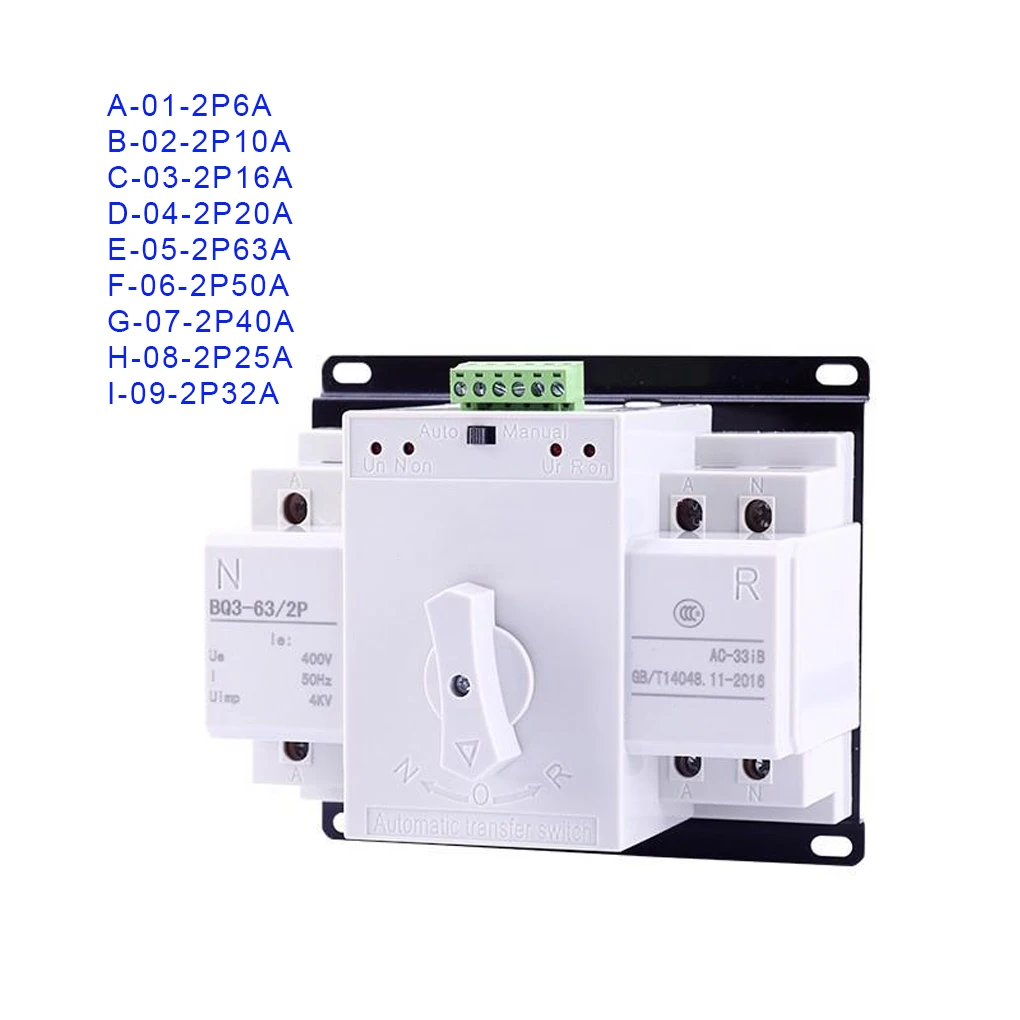 

Home Office 220V Single Phase Dual Power Switch Automatic Transfer Switches Electrical Selector Electronic Component 2P63A