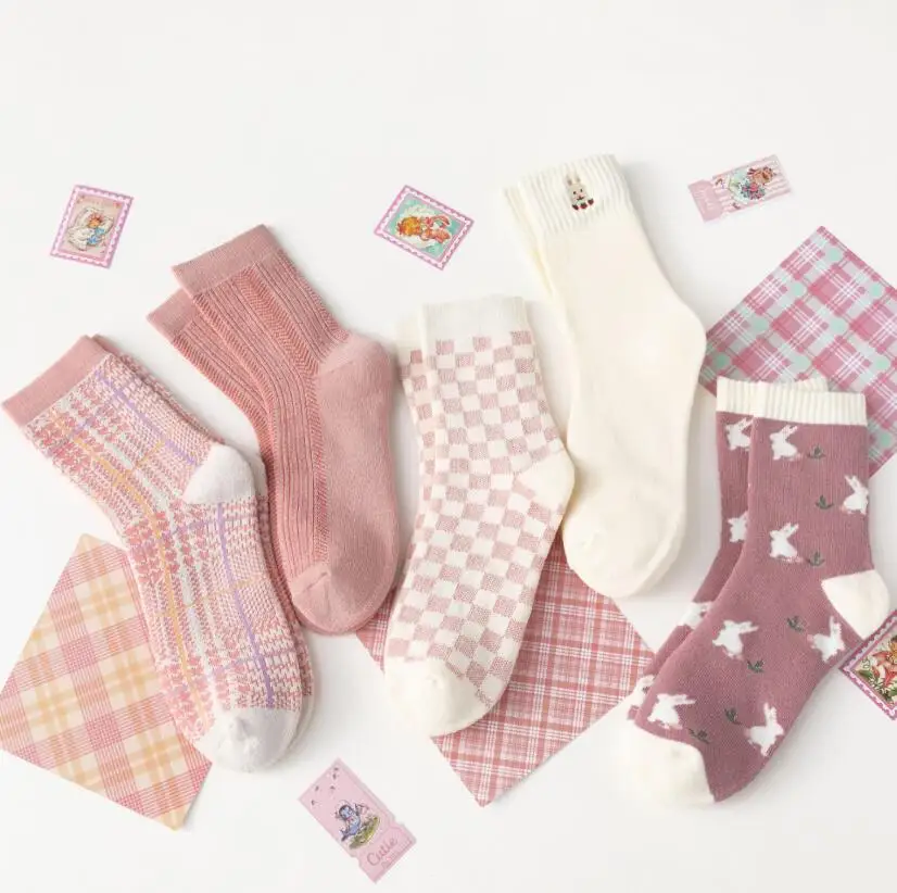 Winter Houndstooth Plaid Checker Jacquard Crew Socks Cotton Solid Knee High Floral Cherry Ankle Socks 5 Pairs/ Lot
