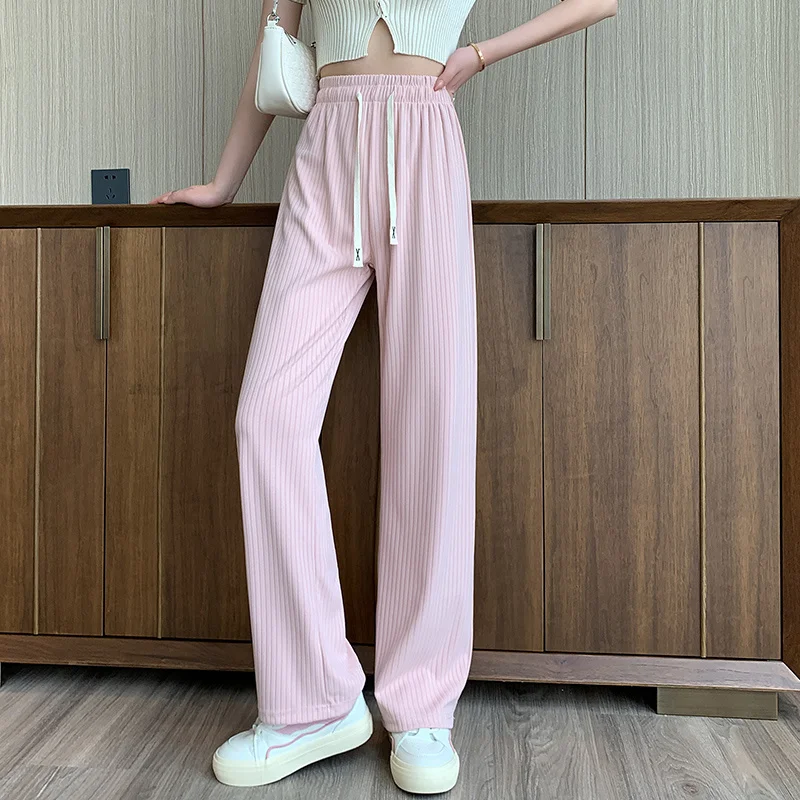 

korean Baggy loose casual Pants harajuku Women solid Ice silk knitting Sweatpants Elastic High Waist Wide leg trousers clothes