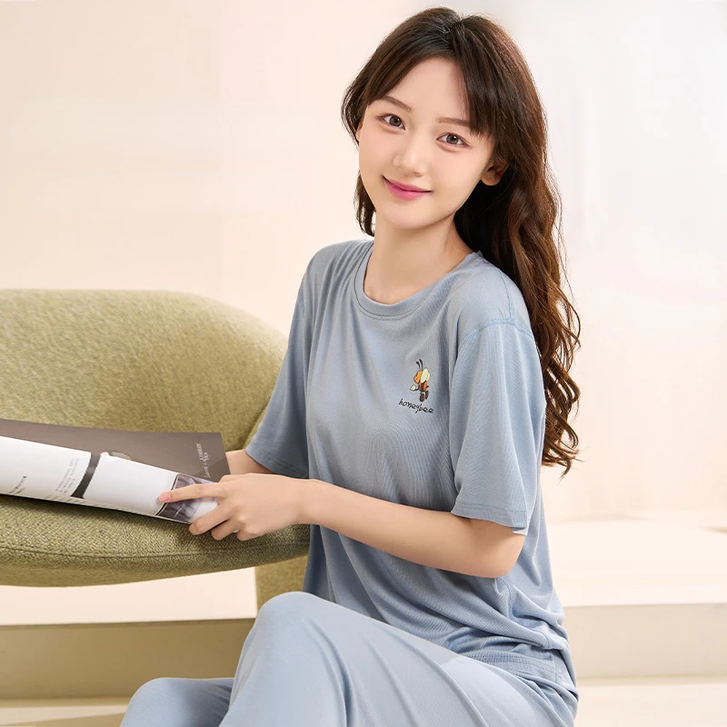 Pajamas for Women Summer and Spring Short-sleeved Home Service Suit Soft Comfortable and Breathable Loungewear with  Round Neck