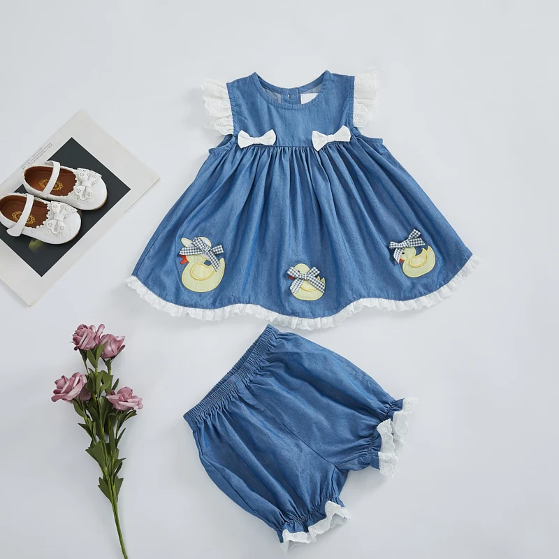 

2Pcs Baby Bouqitue Clothes Toddler Girl Denim Embroidered Dress Summer Infant WN017