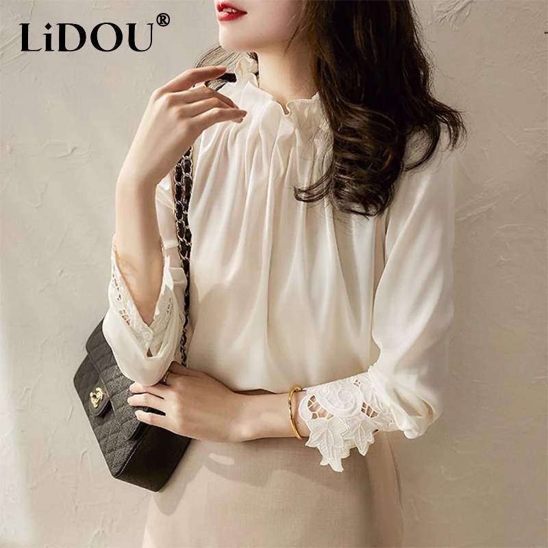 Женский ажурный пуловер с рюшами Элегантная модная блузка вышивкой и длинным