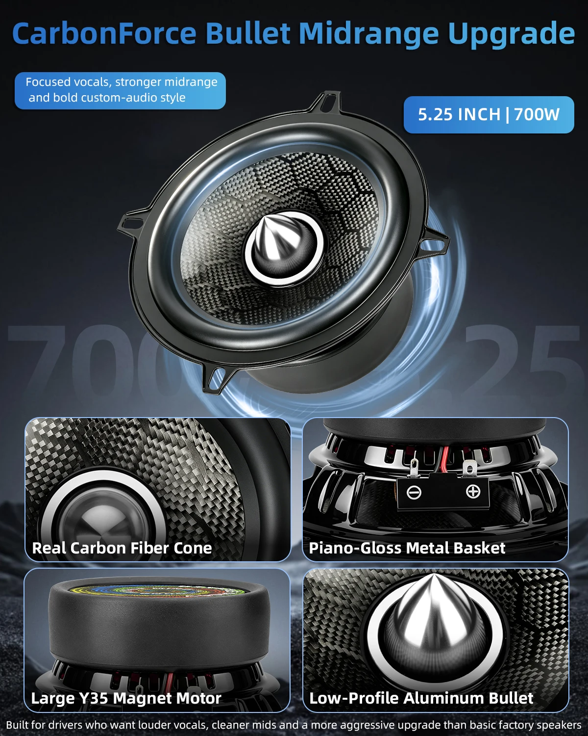 Фото XPIAA CarbonForce 2 шт. 5-дюймовые динамики 700 Вт пиковой мощности, пулевидные, HIFI, 4 Ом, универсальные мультимедийные колонки для домашнего кинотеатра, автомобильные запчасти №2