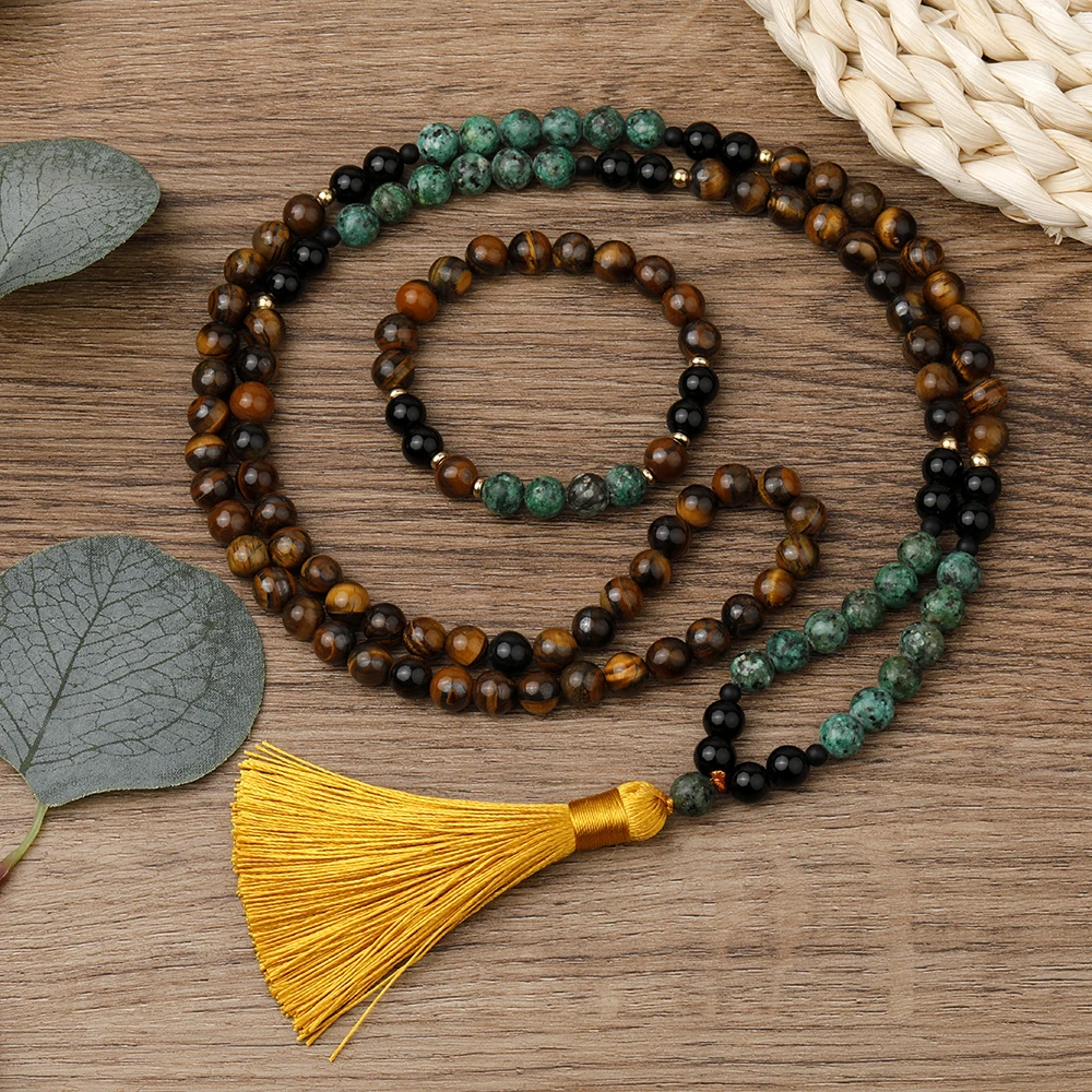 

YUOKIAA Japamala 108 Beaded Necklace 8mm Tiger Eyes African Turquoise Meditation Mala Yoga Rosary for Women Men Trendy Jewelry
