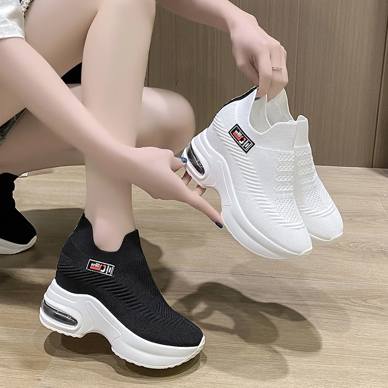 

Women's Sneakers Spring Sequined Casual Shoes Women Platform Heels Wedges Height Increasing 2022 Knitted Ladies Vulcanized Shoes