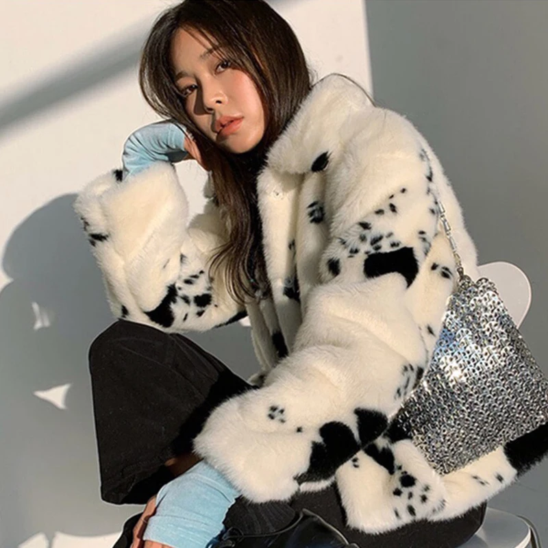 Fashion Black White Cow Pattern Faux Mink Fur Coat Womens Elegant Winter Warm Short Turn-down Collar Coats Korean Soft Tops