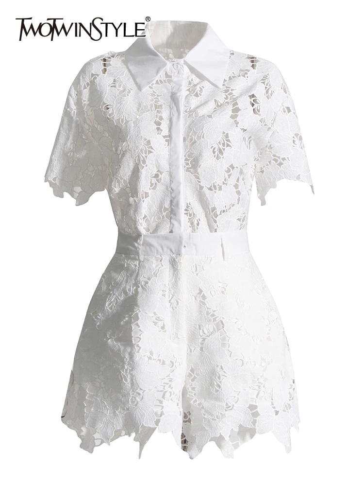 

TWOTWINSTYLE Solid Hollow Out Two Piece Sets For Women Lapel Short Sleeve Tops High Waist Shorts Casual Set Female Fashion 2023