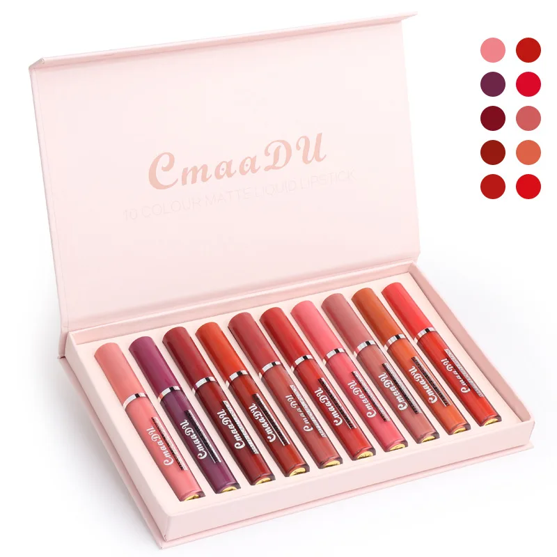 

10Pcs/set Liquid Lipstick Makeup Lip Gloss Long Lasting Non-stick Cup Sexy Red Lip Glaze Tint Pen Cosmetic Maquillage TSLM2