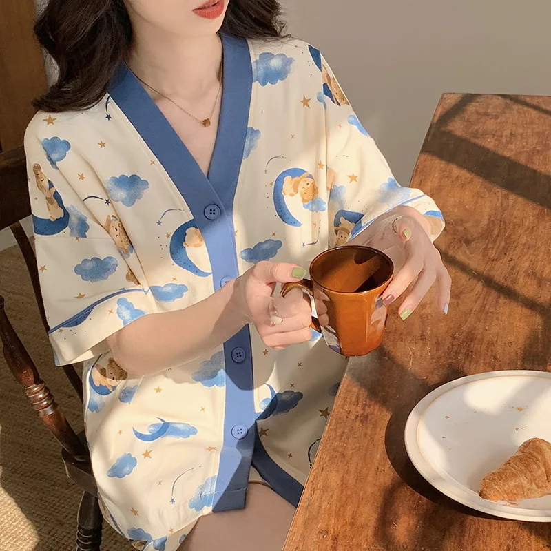 

Корейский пижамный комплект для женщин, летняя одежда для отдыха, одежда для сна для девочек, милая Пижама с лацканами, пижама с принтом мишк...