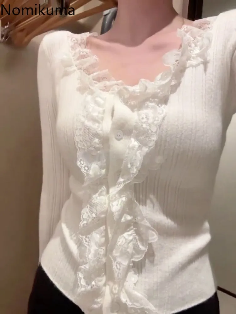 Белый кардиган топы женская одежда Sueter Mujer лоскутное кружево облегающий свитер