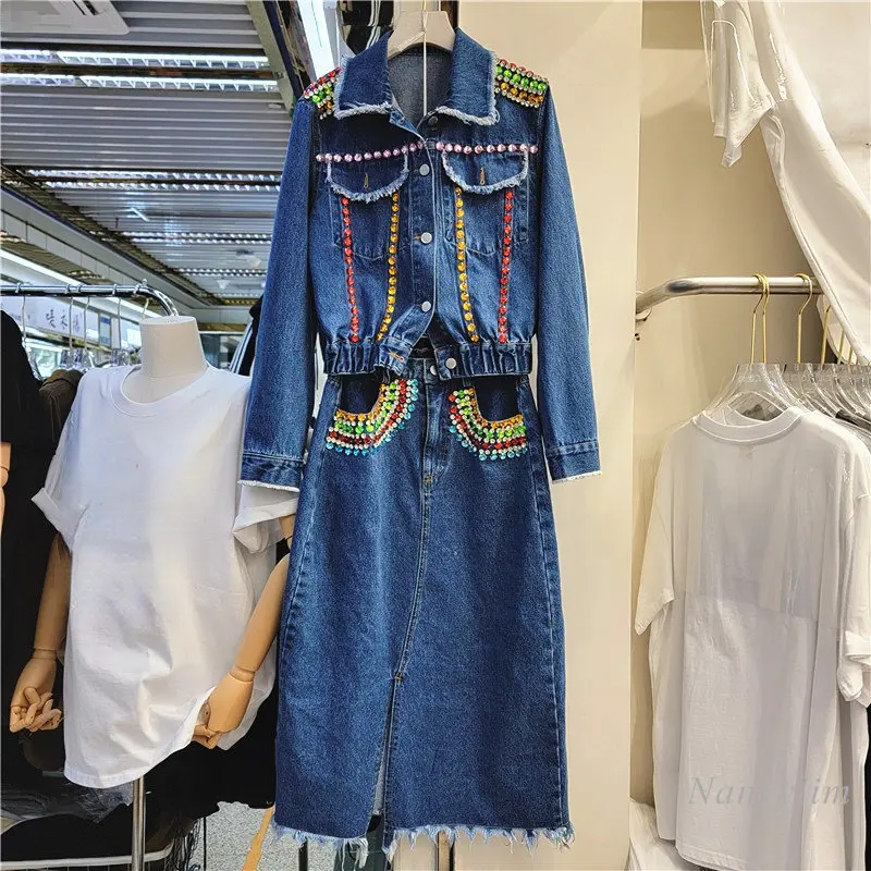 Denim Sets Two Piece Set Women Heavy Industry Beads Diamond Jean Jacket + Midi Skirt Spring 2023 New Woman's Outfit Streetwear