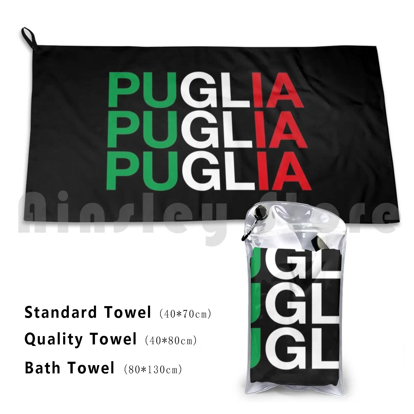 Puglia Italian Flag Bath Towel Beach Cushion Puglia Italia Italy Italian Pari Adriatic Sea Typography Green