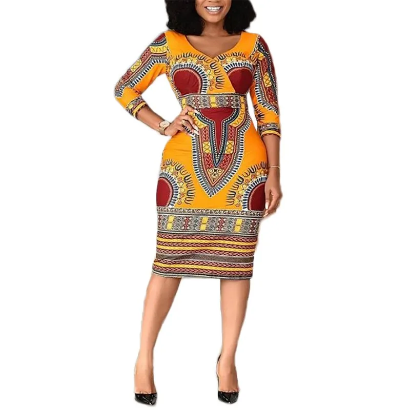 

Африканская традиционная одежда в этническом стиле Дашики, африканские платья для женщин с рукавом три четверти и V-образным вырезом, облег...