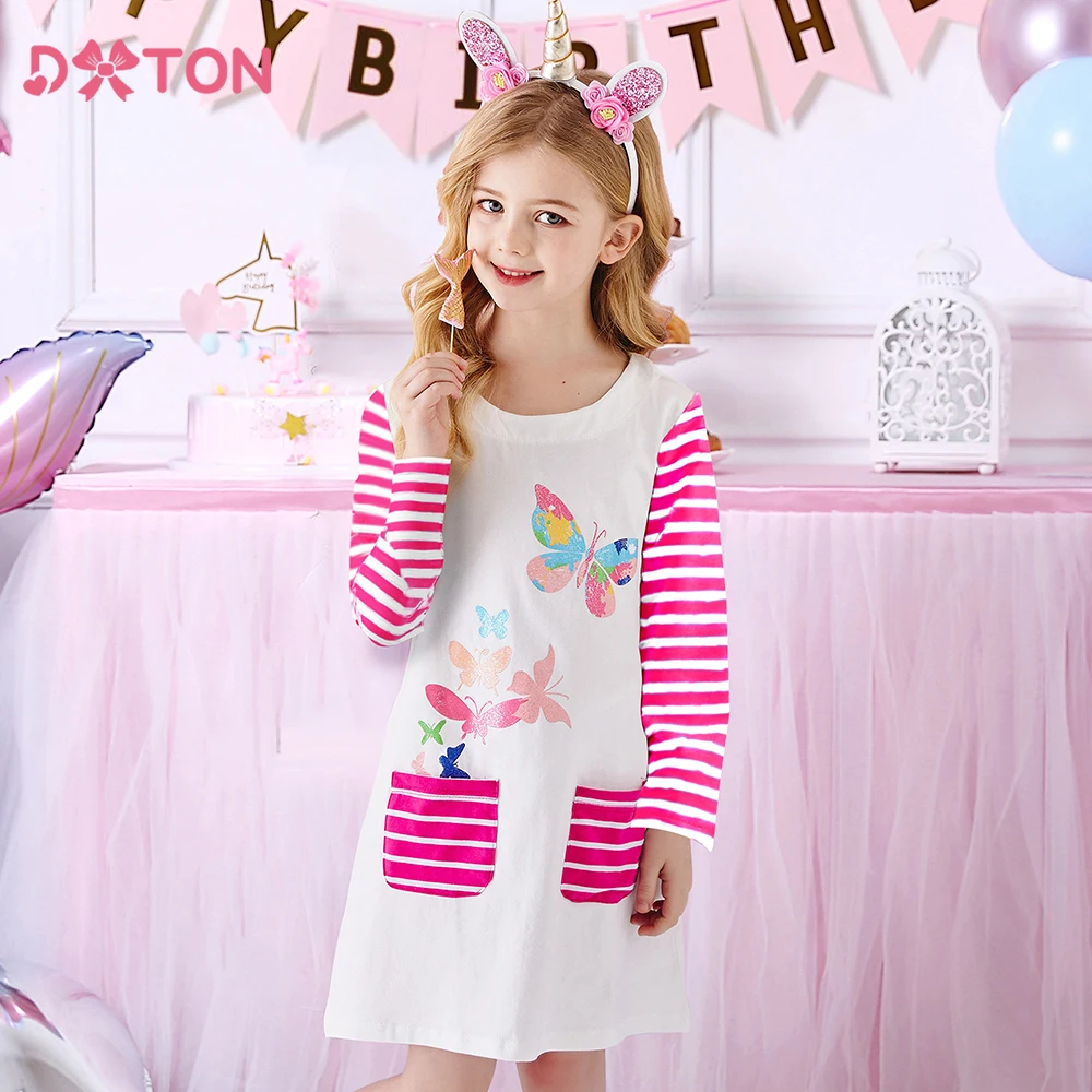 Dxton Хлопковое Платье Для Девочек Осеннее Длиной До Колена С Принтом В Горошек И