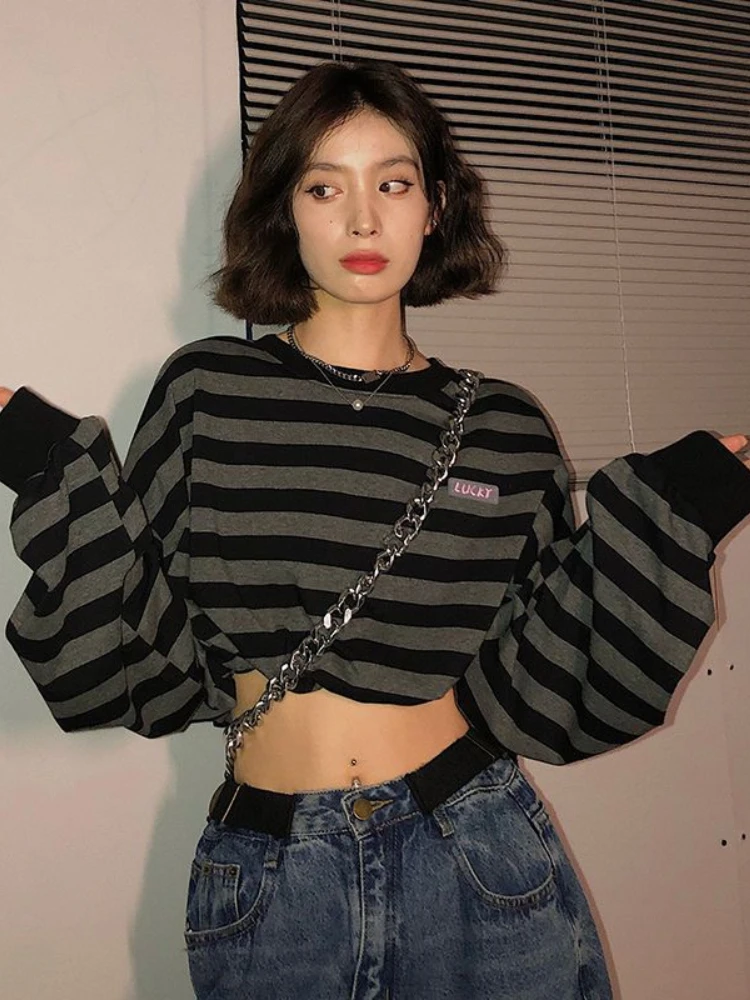 

Deeptown Preppy Style Striped Hoodies Women Hip Hop Grunge Oversized Sweatshirts Vintage Loose Long Sleeve Thin Cropped Tops Y2K