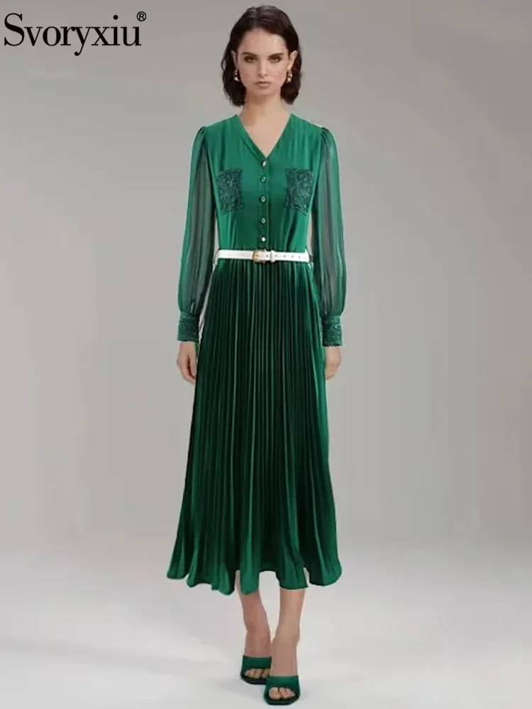 

Svoryxiu Designer Spring Vintage Green Color Mid-Calf Dress Women Lantern Sleeve Single Breasted Sashes High Waist Pleated Dress