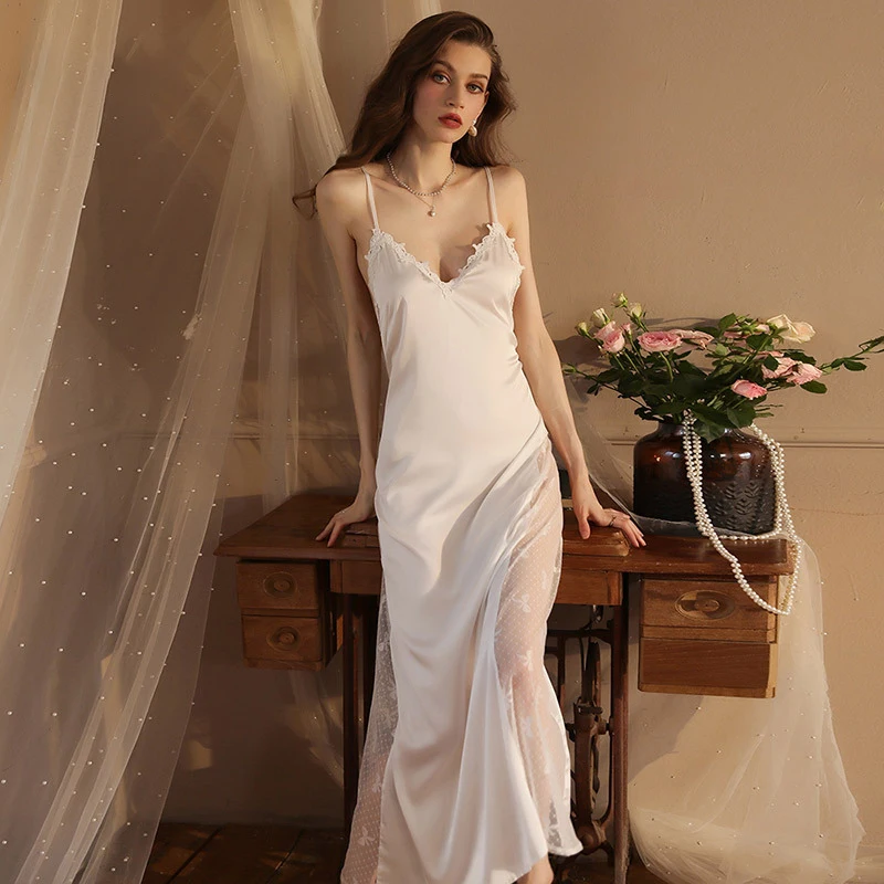 

Spring And Summer Sexy Pajamas Women'S Lengthened V-Neck Adjustable Suspender Three-Dimensional Lace Dot Screen Print