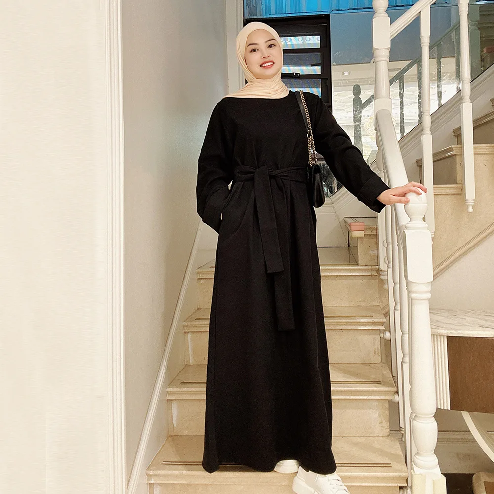 Muslim Woman Abaya Dress Dubai Turkey Belted Fashion Hijab Long Dresses Islam Ramadan Clothing Kaftan Moroccan Kimono
