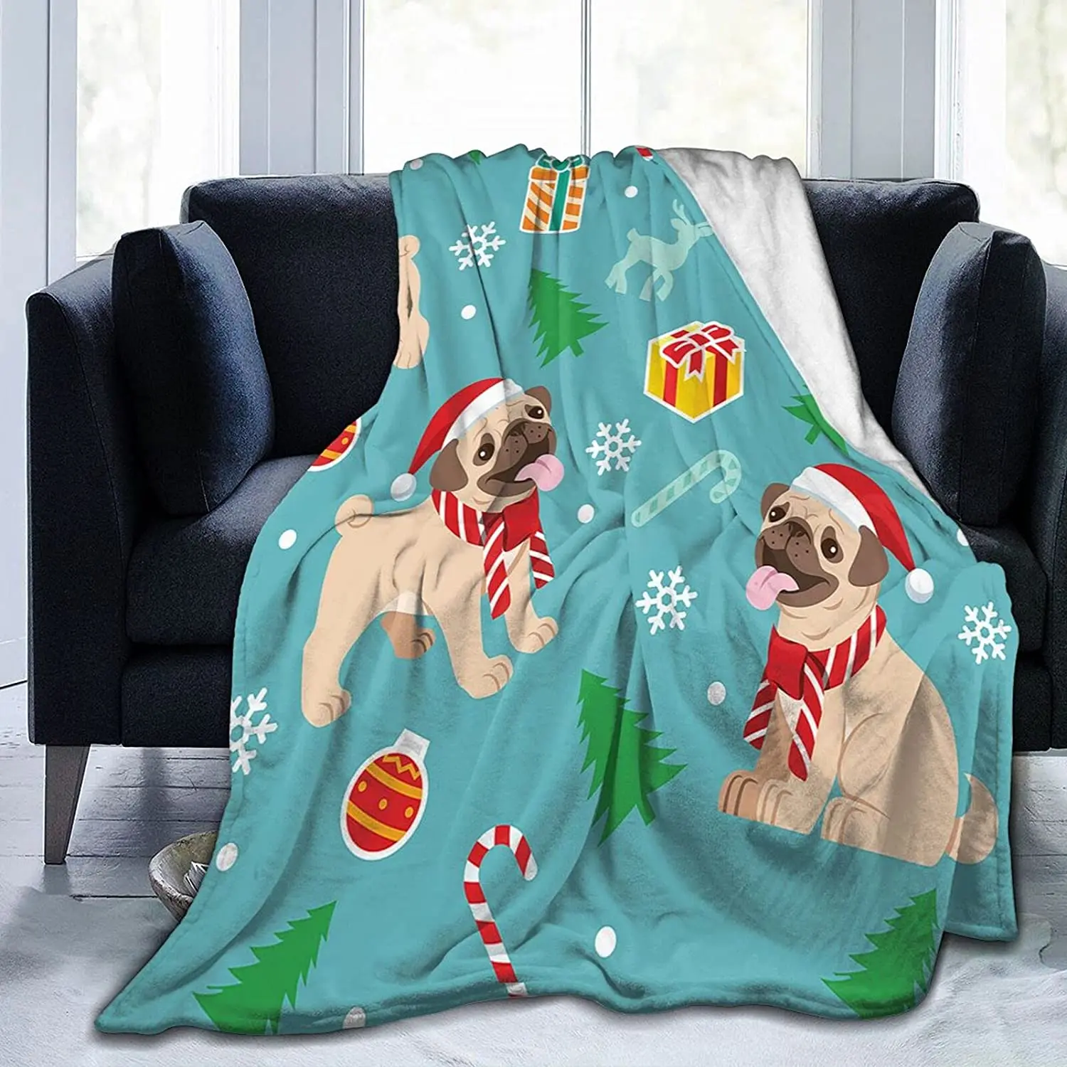 

Throw Blanket Pug-Dog with Christmas Hat Blankets Ultra-Soft Micro Fleece Blankets Warm Cozy Plush for Bed Sofa Living Room