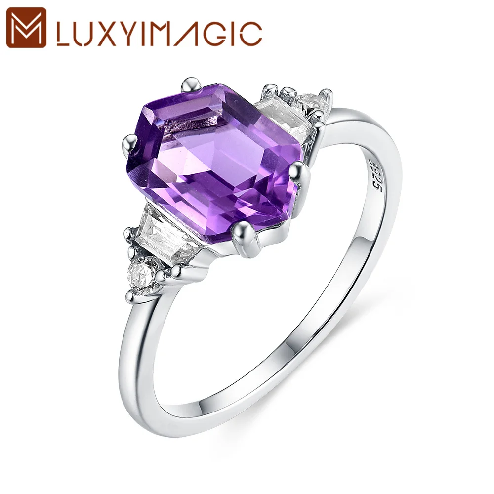 

Luxyimagic Natural Amethyst Rings for Women Silver 925 Fine Jewelry Hexagon Gemstone Wedding Engagement Handmade Gift for Her