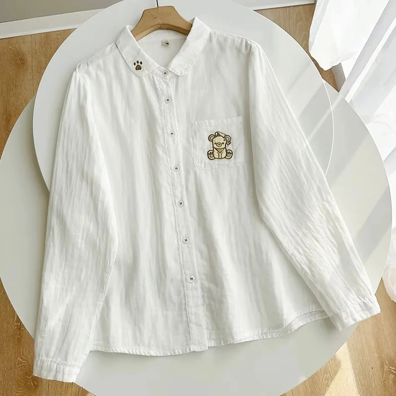

Spring Autumn Cartoo Embroidery Double Cotton Women Clothing White Color Long Sleeved Blouse Tops U253