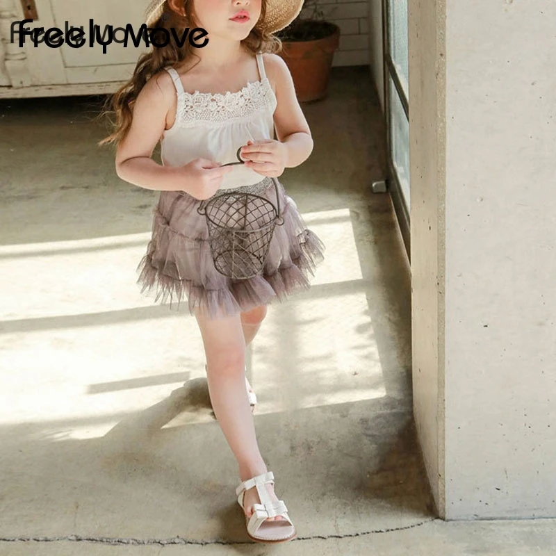 

Freely Move Girls Cotton Tank Tops Lace Floral Strap Stretch Tops 2022 Soild Camisole Casual Wear Children Clothing For Girls