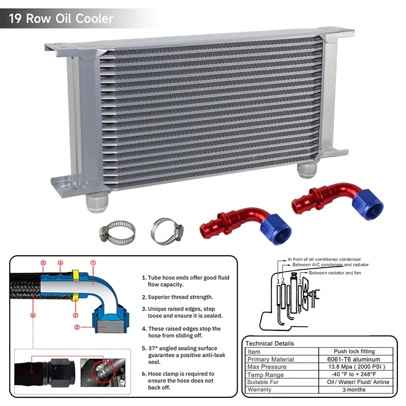 

Масляный радиатор AN10 13/16/19 ряда с 90 °, Набор Фитингов 248 мм 7/8 дюйма-14 UNF, универсальная Коробка передач двигателя MOCAL Racing, алюминий, серебристый