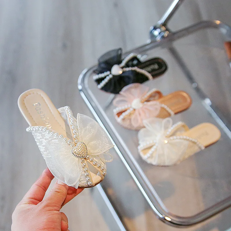

2022 Parent Child Peep-toe Slippers Girls Mother Lace Bow Pearl Dress Princess Shoes Pink White Black Summer Flats Size 26-40