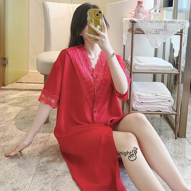 

Women Sleepwear Lace Silk Satin Night Dress Short Sleeve Plus Size Nighties V-neck Nightgown Nightwear M-6XL Home Clothes Nighty